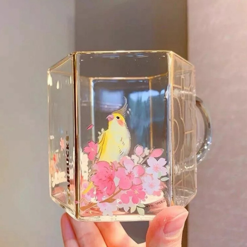 Starbucks 2022 Cherry Blossom Season Glass Cup Birds and Flowers Cup Coffee Cup